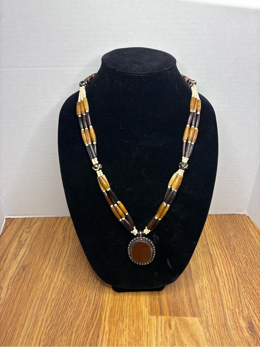 Western And Native American Style Brown And Black Beaded Necklace Boho Pendant.